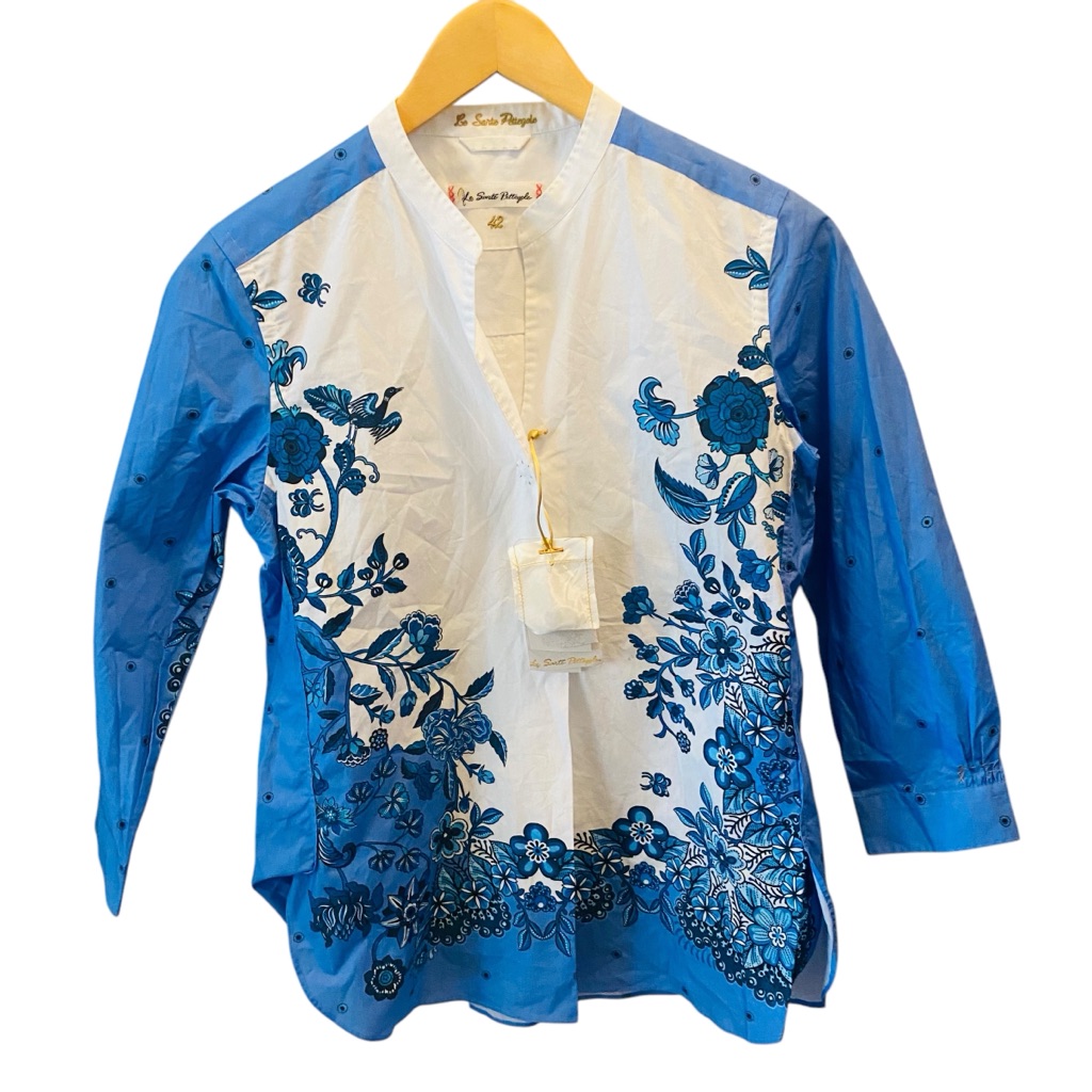 Le Sarte Pettegole Nwt White Blue Floral Long Sleeve Popover